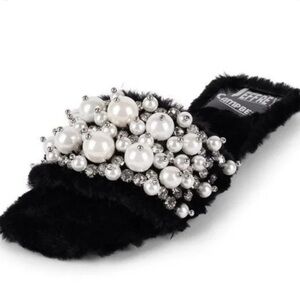 Jeffrey Campbell Facile black faux fur fuzzy pearl sandals slippers
